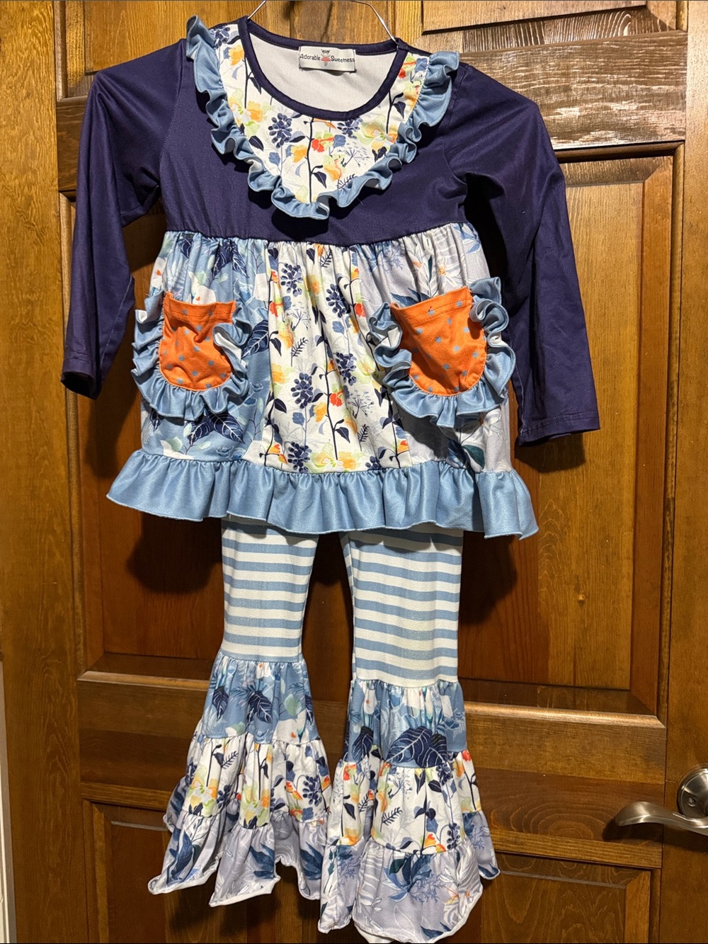 Adorable Sweetness Girls Blue Striped Ruffle Leggings & Floral Dress Set size 7